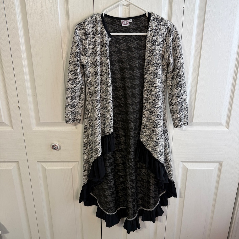 Lilli Lovebird houndstooth ruffle open front cardigan size‎ 14